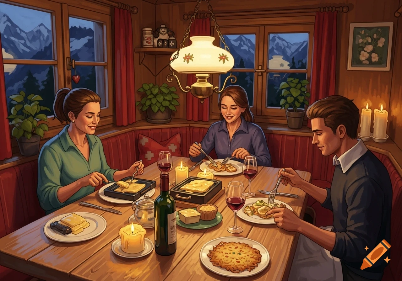 Three people, two women and one man, enjoy a cozy candlelit dinner at a wooden table in a rustic dining room with mountain views.