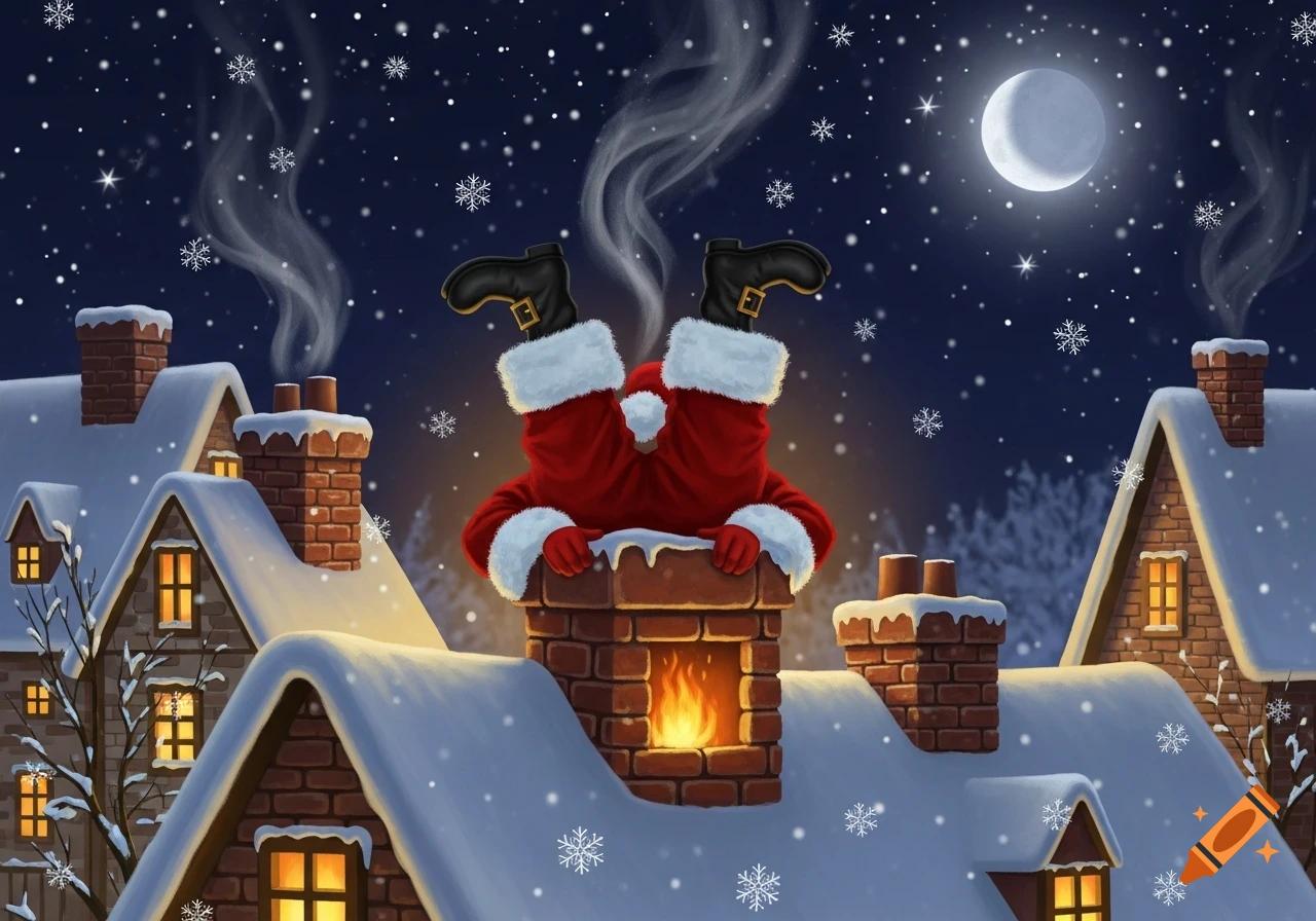 Cartoon illustration of Santa Claus stuck upside down in a brick chimney on a snowy rooftop at night, with a full moon.
