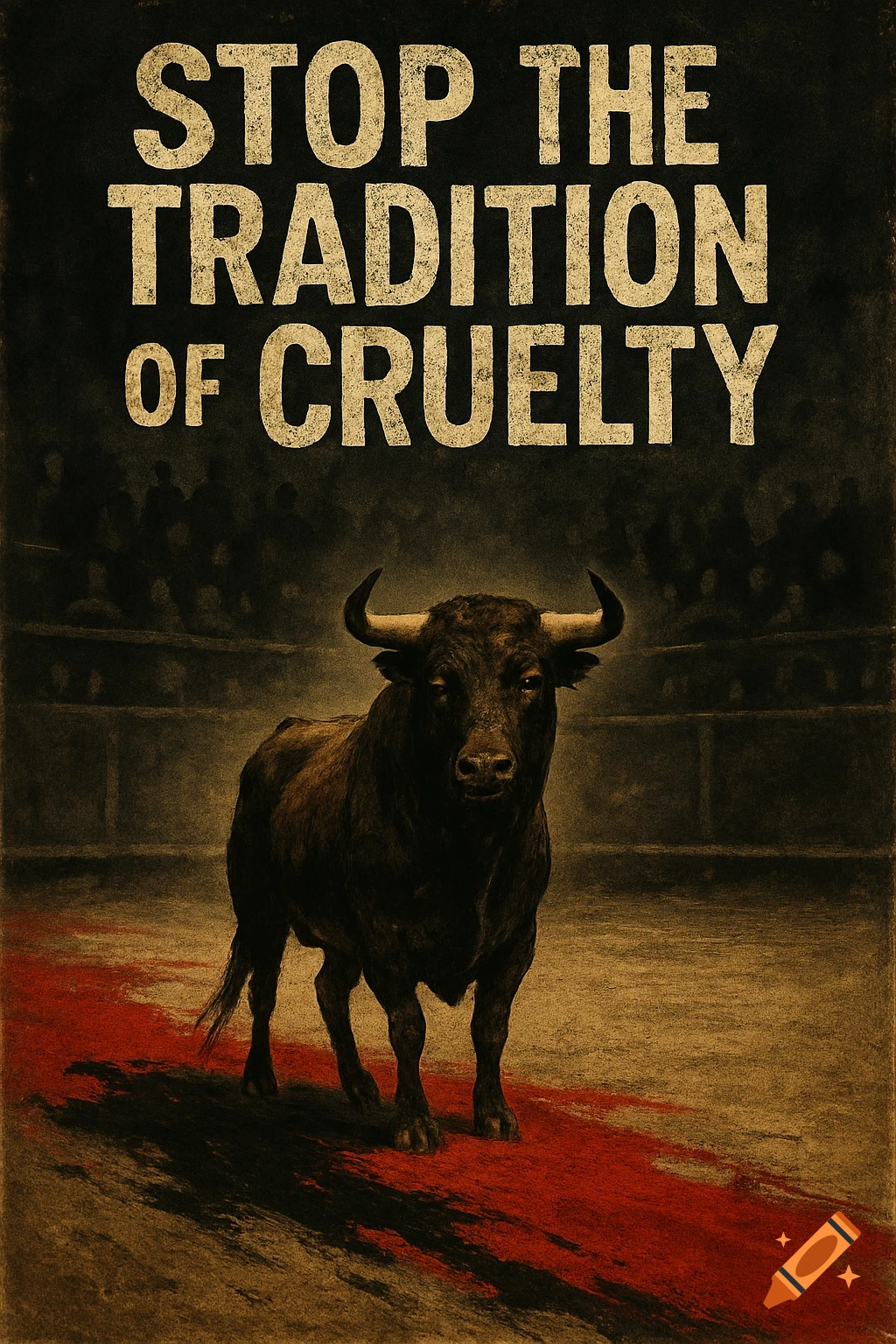 A gritty protest poster featuring a bull standing in a bullfighting arena with red liquid on the ground and shadowy figures in the background. The text reads "STOP THE TRADITION OF CRUELTY".