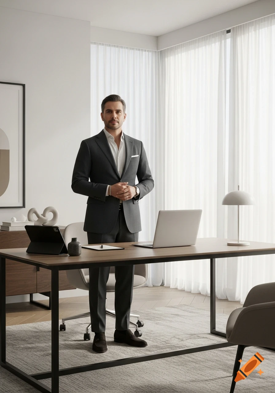 Photorealistic full-body portrait of a professional man in a dark suit standing in a modern office.