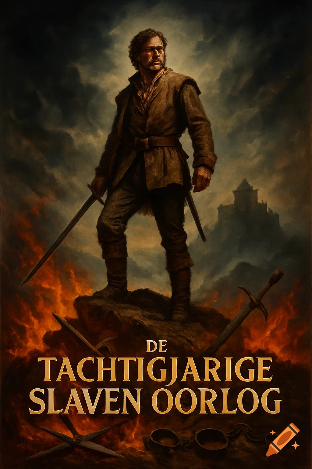 Painting of a man in historical clothing with a sword, standing over fire, with a castle under a stormy sky. Text reads 'DE TACHTIGJARIGE SLAVEN OORLOG'.