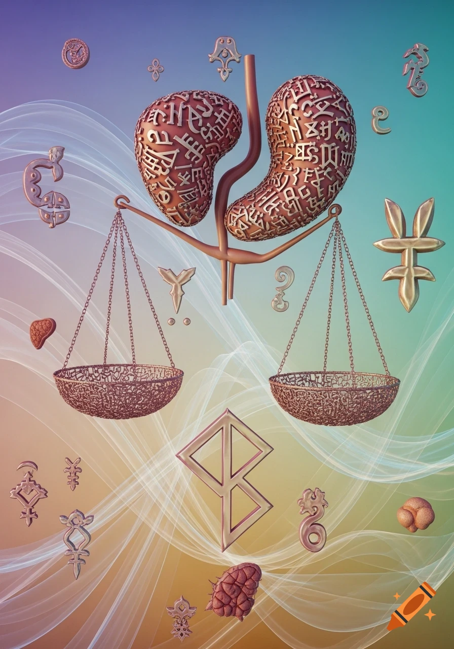 A surreal image featuring a pair of kidney-like shapes covered in abstract script, balanced on scales, surrounded by various ancient-looking symbols, against a gradient background.