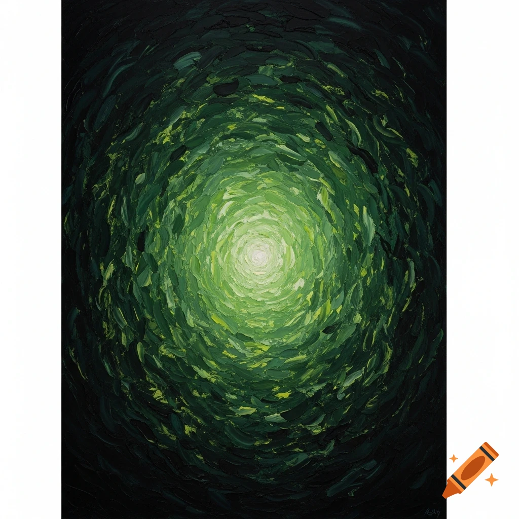 Abstract oil painting with concentric green tones, dark at the edges fading to a bright center, featuring visible brushstrokes.