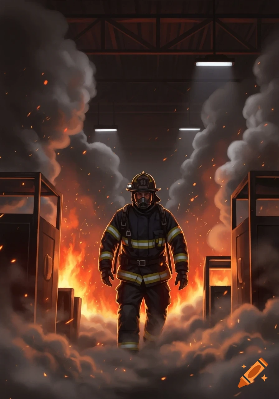 A firefighter in full gear and a respirator mask stands amidst heavy smoke and roaring flames in a burning industrial-like structure, depicted in a dramatic, illustrative style.