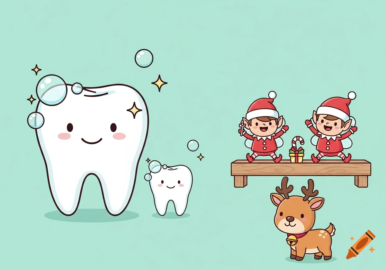 A whimsical cartoon illustration with a large smiling tooth, a smaller tooth, two Christmas elves on a shelf, and a reindeer on a light teal background.