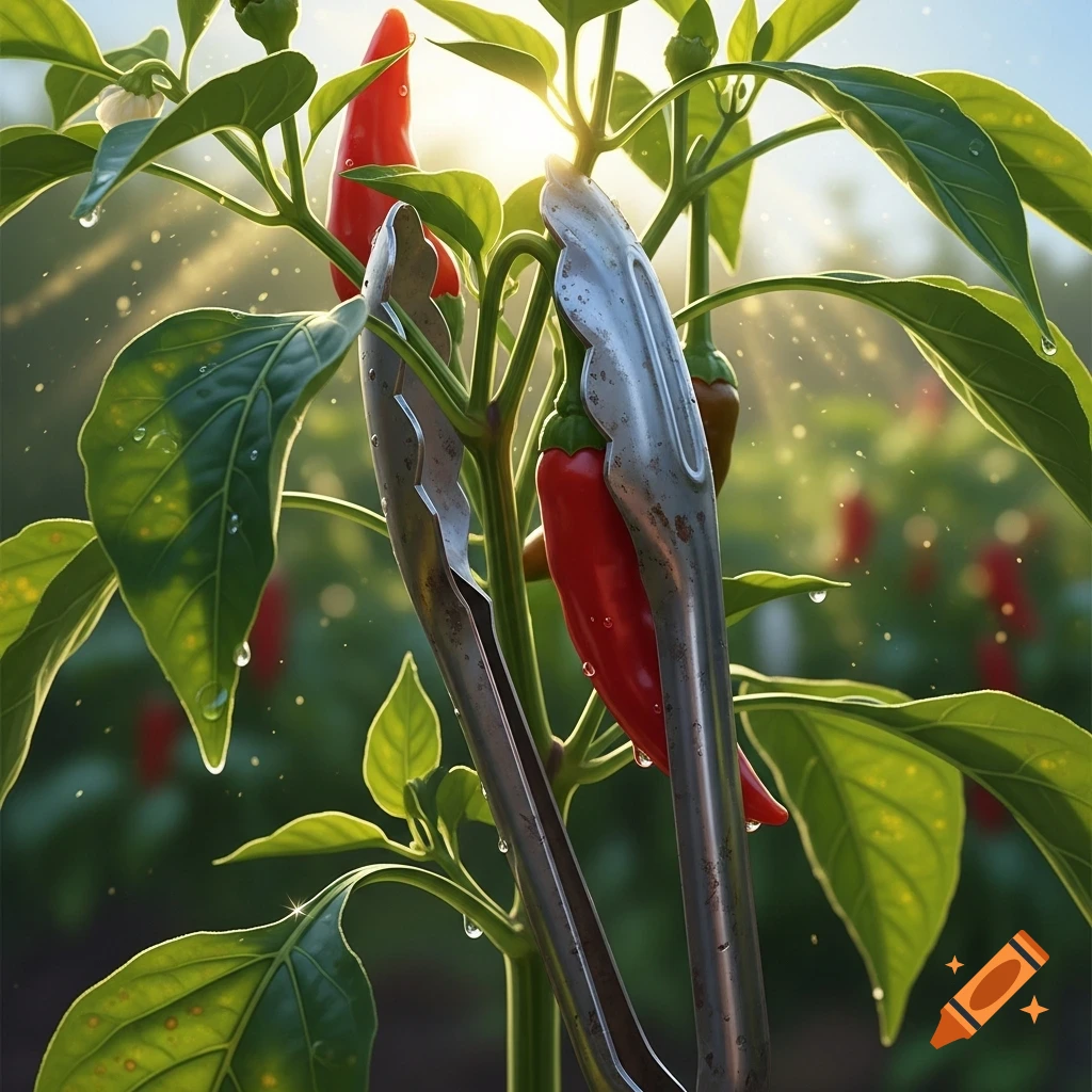 Metal tongs holding a red chili pepper on a plant with water droplets and sun rays in a garden.