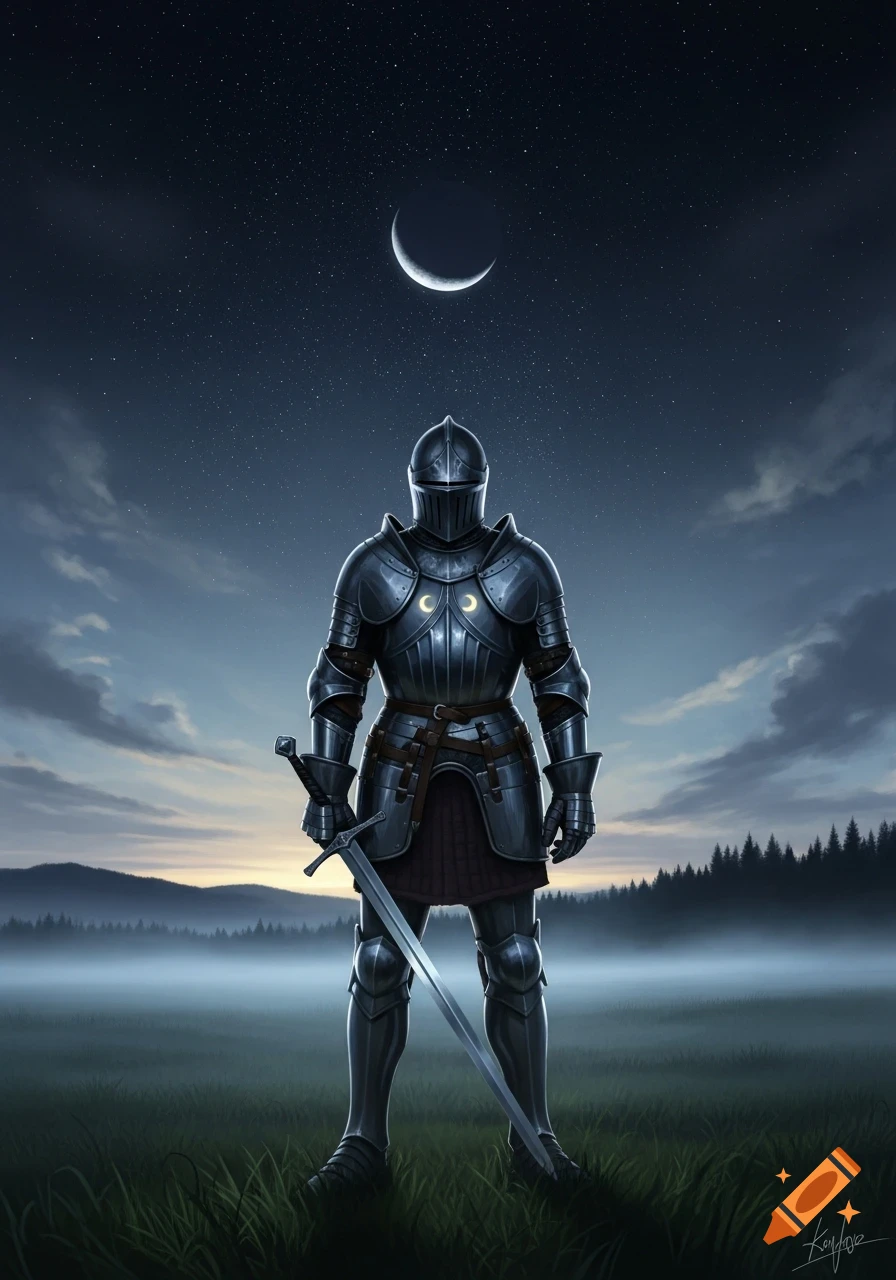 A knight in shining full plate armor, with crescent moon emblems, stands holding a sword in a misty field under a starry night sky with a crescent moon.