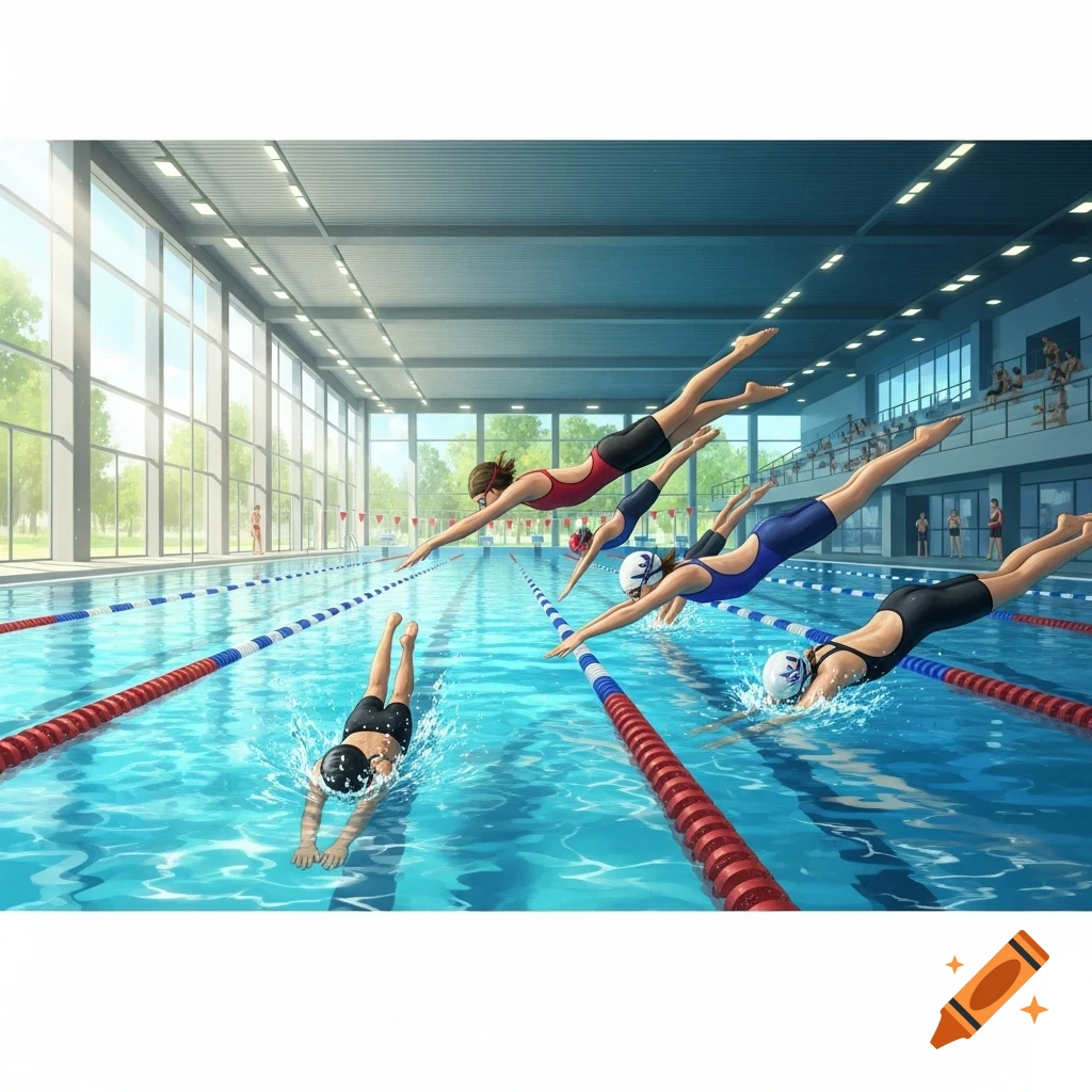 Illustrated image of several swimmers diving into and swimming in an indoor competition pool with bright windows.