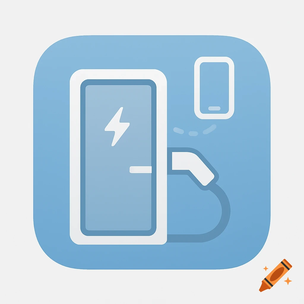 A blue rounded square app icon featuring a white outline of an EV charging station with a lightning bolt, connected by dashed lines to a mobile phone outline.