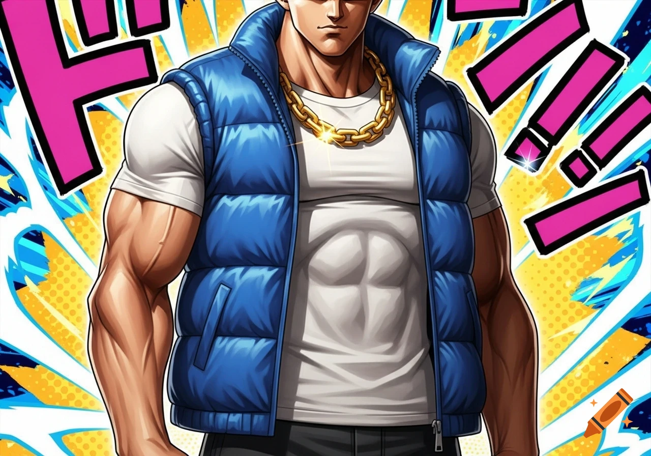 A muscular anime-style man with a white t-shirt, blue puffer vest, and a gold chain against a colorful comic book background.