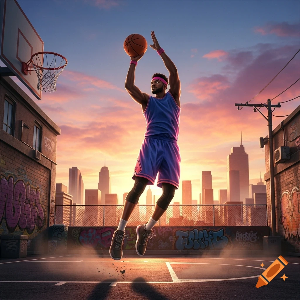 A male basketball player jumps to shoot a ball on an outdoor court at sunset, with a city skyline behind him.