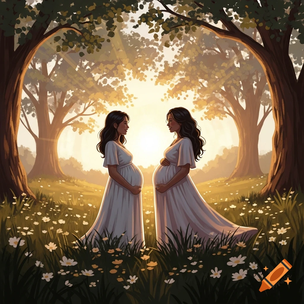 Two pregnant women in white dresses holding their bellies, standing in a sunny, flower-filled forest meadow. Illustrated.