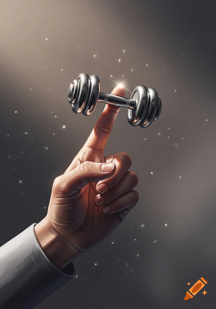 Illustrated hand balancing a shiny silver dumbbell on its index finger against a dark, sparkling background.