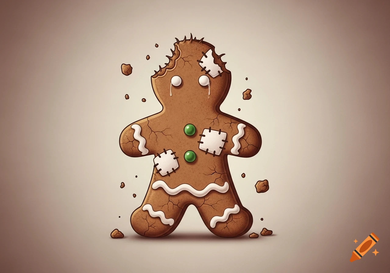 A sad, cracked gingerbread person with missing pieces, white icing patches, green button eyes, and tears, surrounded by brown crumbs.