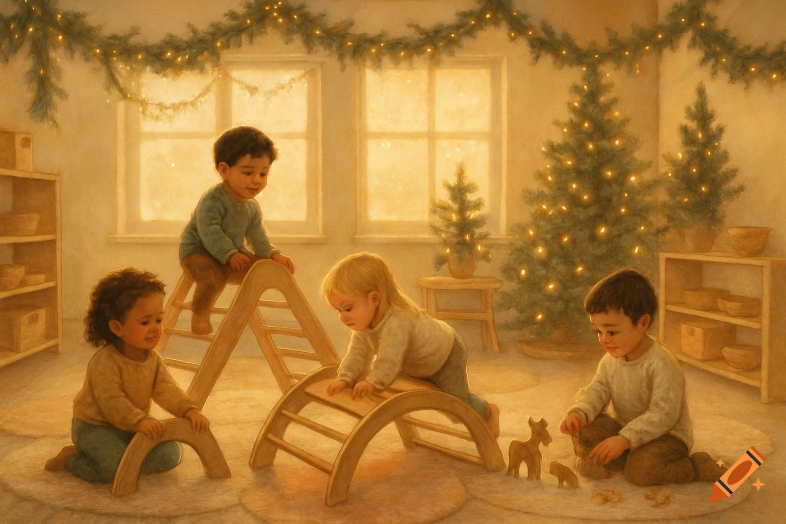 Four diverse toddlers play with wooden Pikler and Montessori toys in a warm, festive room with Christmas lights and trees, in a soft, painterly style.