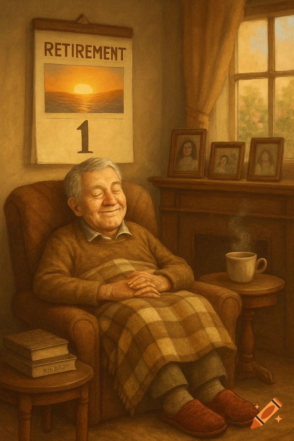 Smiling elderly man relaxes in an armchair with a plaid blanket. A calendar displaying 'RETIREMENT 1' is on the wall. Stylized painting.