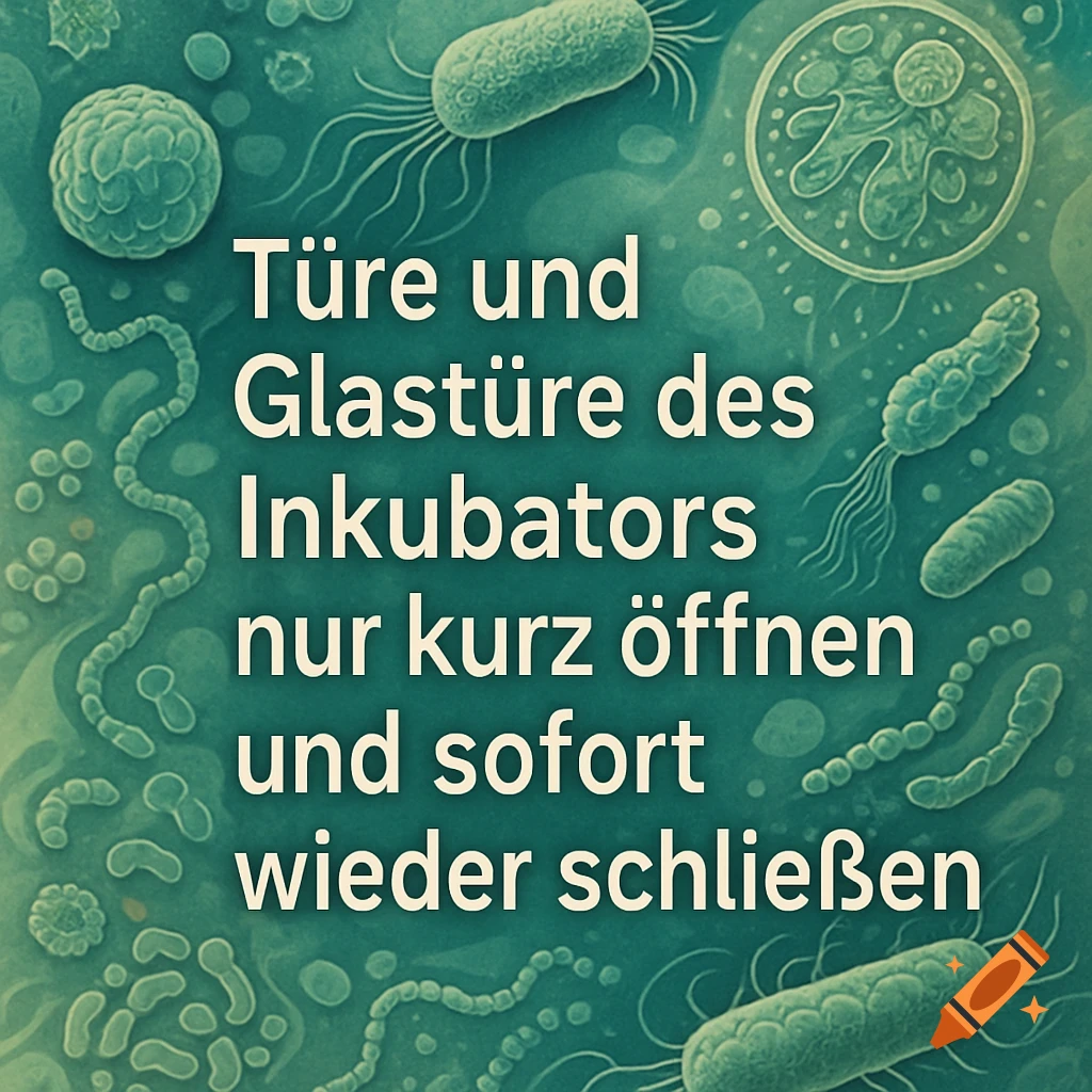 Microscopic view of various green microorganisms with a white text warning sign in German about opening an incubator.