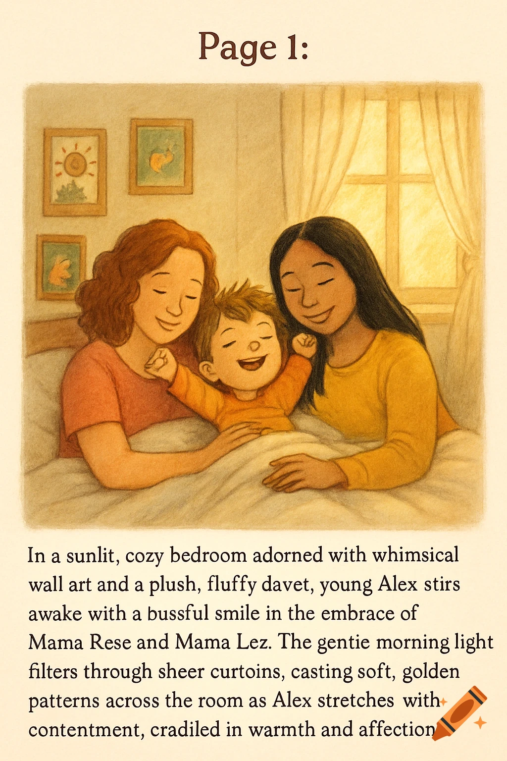 A children's illustration shows a child stretching in bed, surrounded by two smiling mothers in a sunlit bedroom.