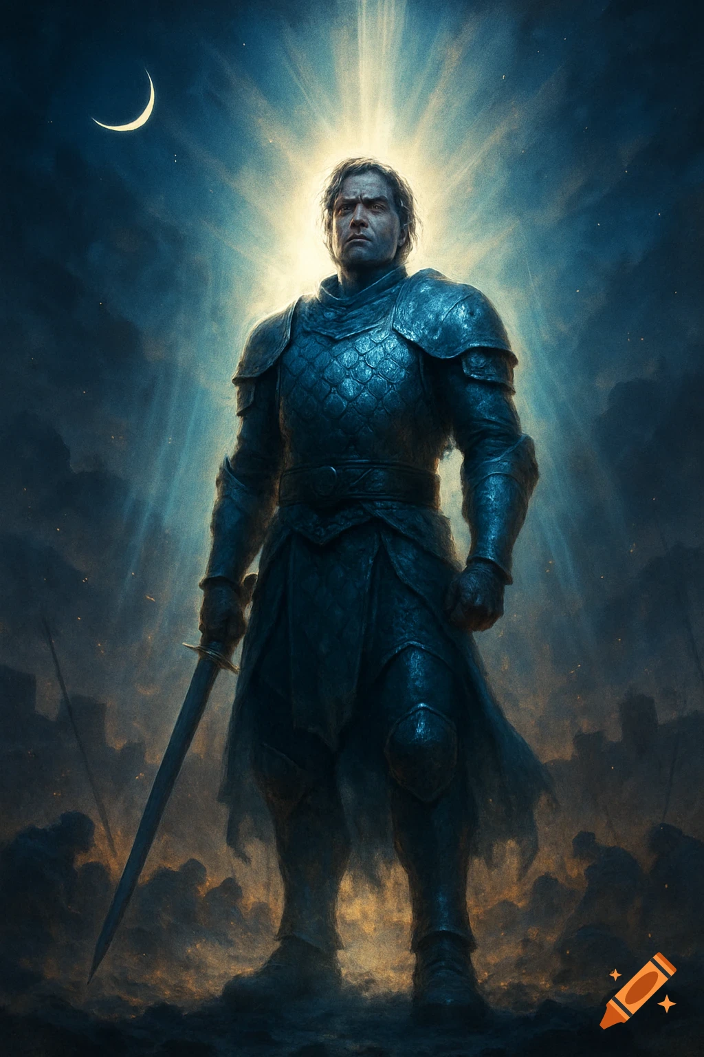 A knight in full armor stands heroically, holding a sword, bathed in divine light under a crescent moon.