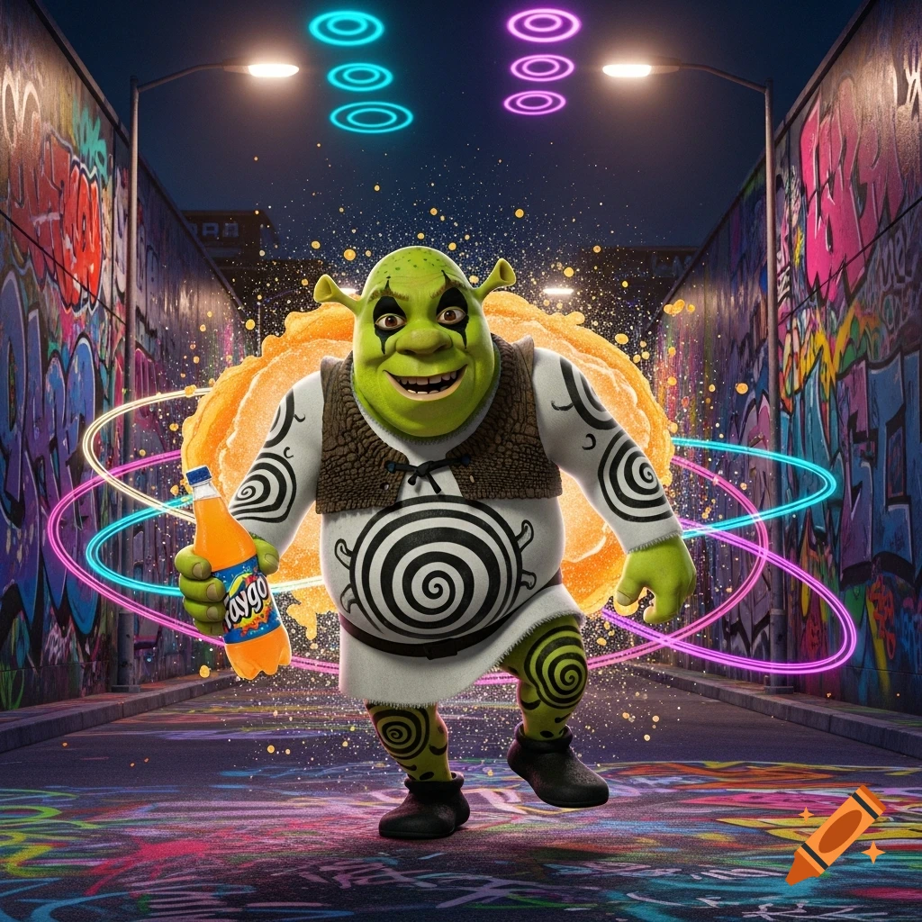 Shrek in Juggalo makeup and spiral clothing dances in a graffiti alley at night, holding a Faygo bottle, with neon lights.