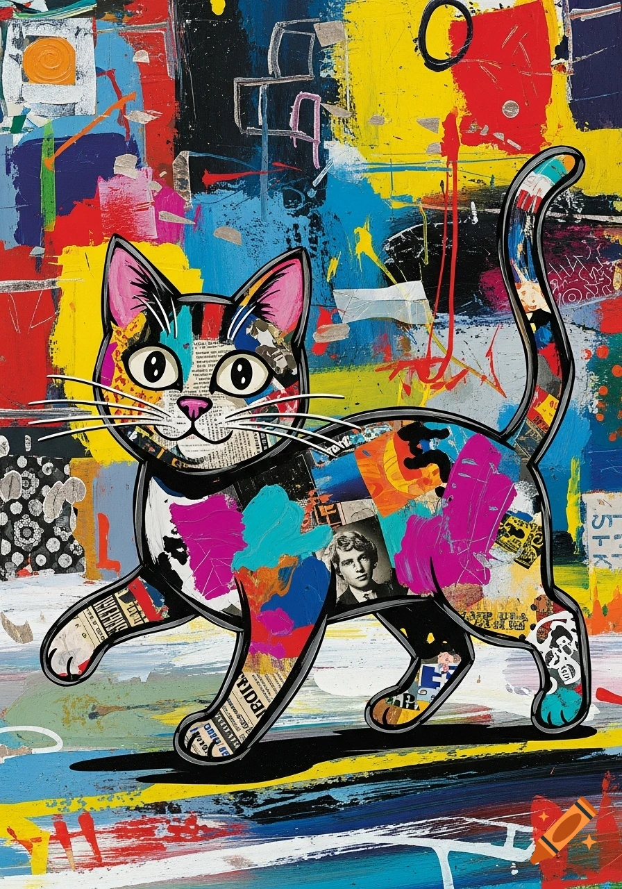 A colorful, vibrant Rauschenberg-style collage featuring a cat, with painted swatches, newspaper clippings, and textured elements forming its body and background.