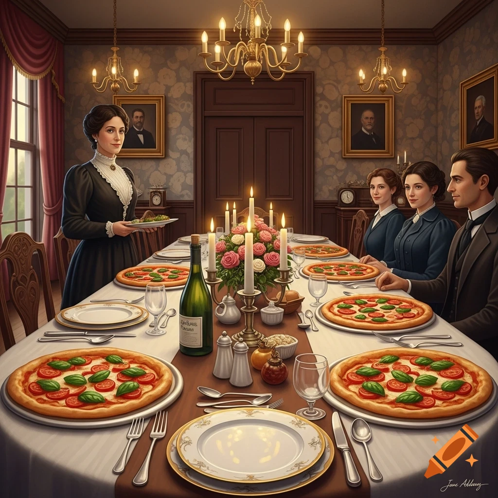 A Victorian-era dinner scene with a woman serving salad and three people seated at a long table laden with pizzas, candles, and an ornate table setting under chandeliers.