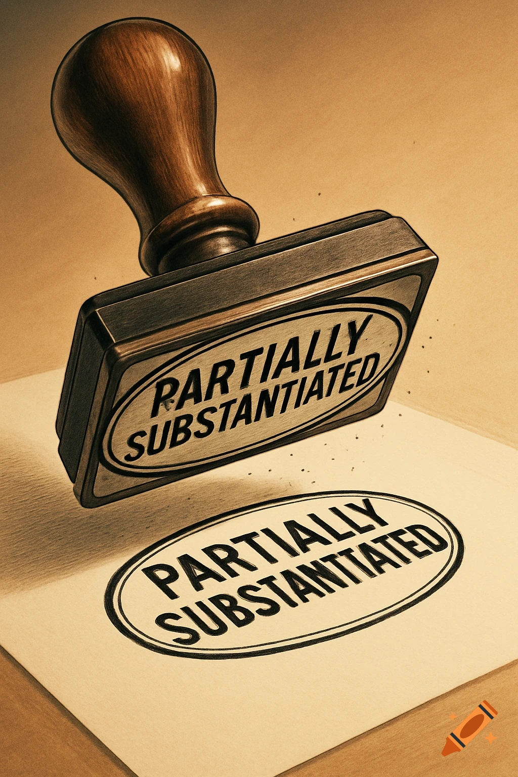 A wooden-handled rubber stamp with 'PARTIALLY SUBSTANTIATED' text hovers above a paper with the same text stamped.