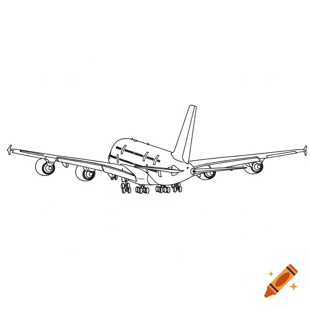 Outline drawing of an Airbus A380 taking off, viewed from the rear-bottom, with landing gear deployed.