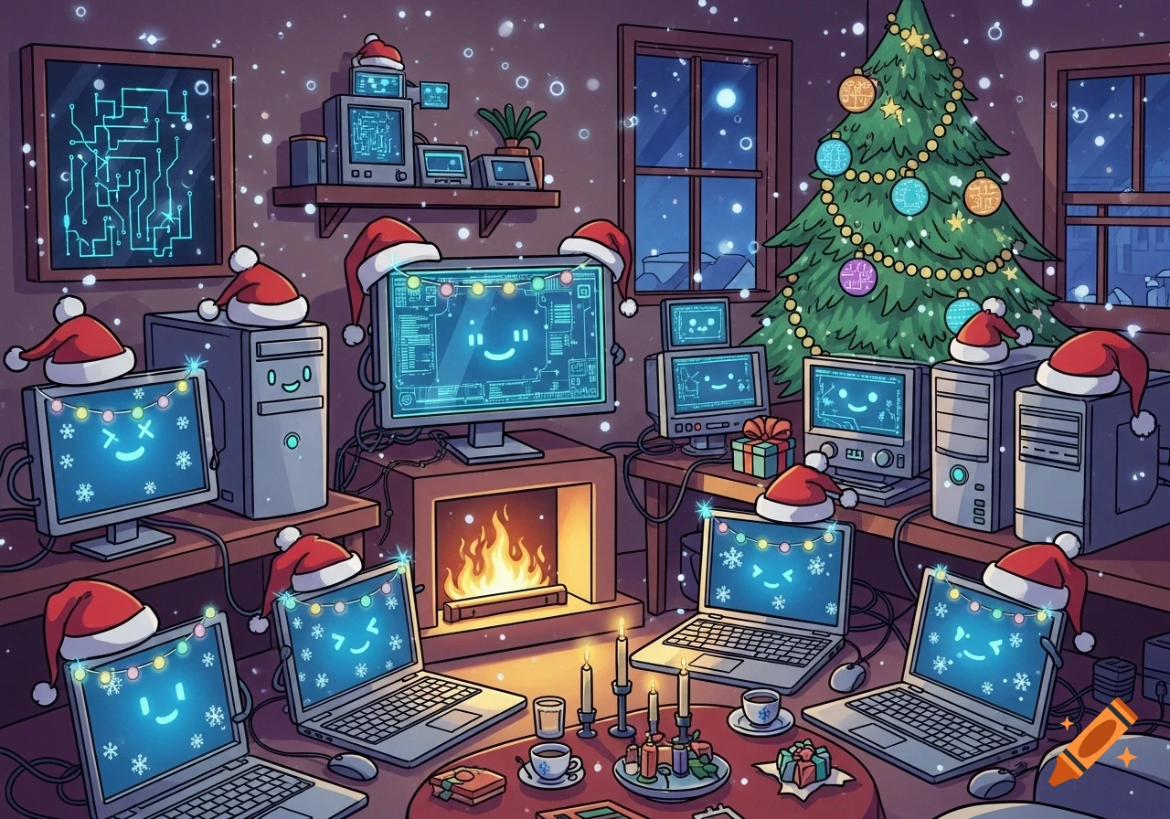 A cozy, cartoon-style room decorated for Christmas with multiple desktop computers and laptops wearing Santa hats, displaying smiley faces and snowflakes on their screens. A Christmas tree, fireplace, and candles complete the festive scene under falling snow.