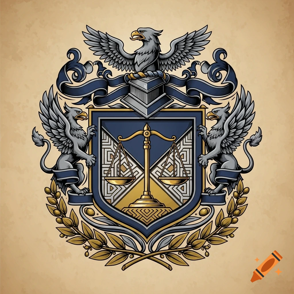 A heraldic coat of arms with an eagle, a shield with scales of justice, two griffins, and olive branches on a textured background.