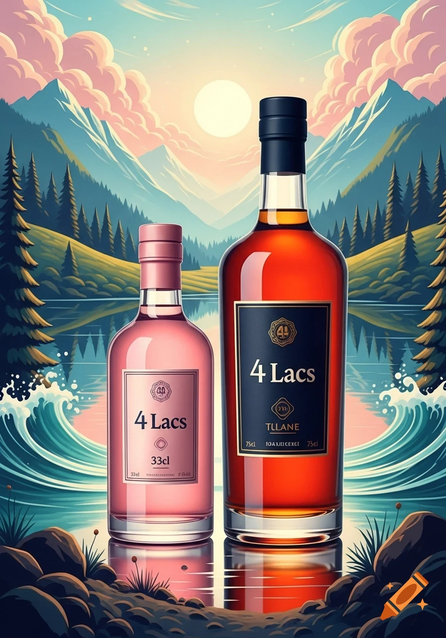 Two bottles of "4 Lacs" alcohol, one pink and one amber, sit on a reflective surface against a stylized mountain, lake, and sunset landscape.