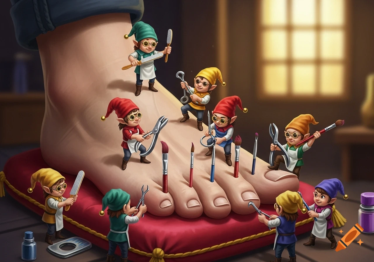 Whimsical illustration of tiny gnomes with tools giving a giant human foot a detailed pedicure on a red cushion.