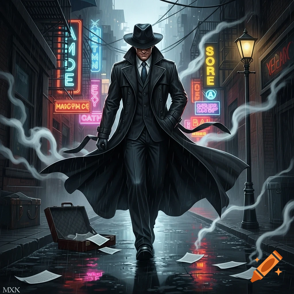 A man in a black trench coat and fedora walks through a rainy, neon-lit city alley, with papers scattered on the wet ground in a comic book art style.