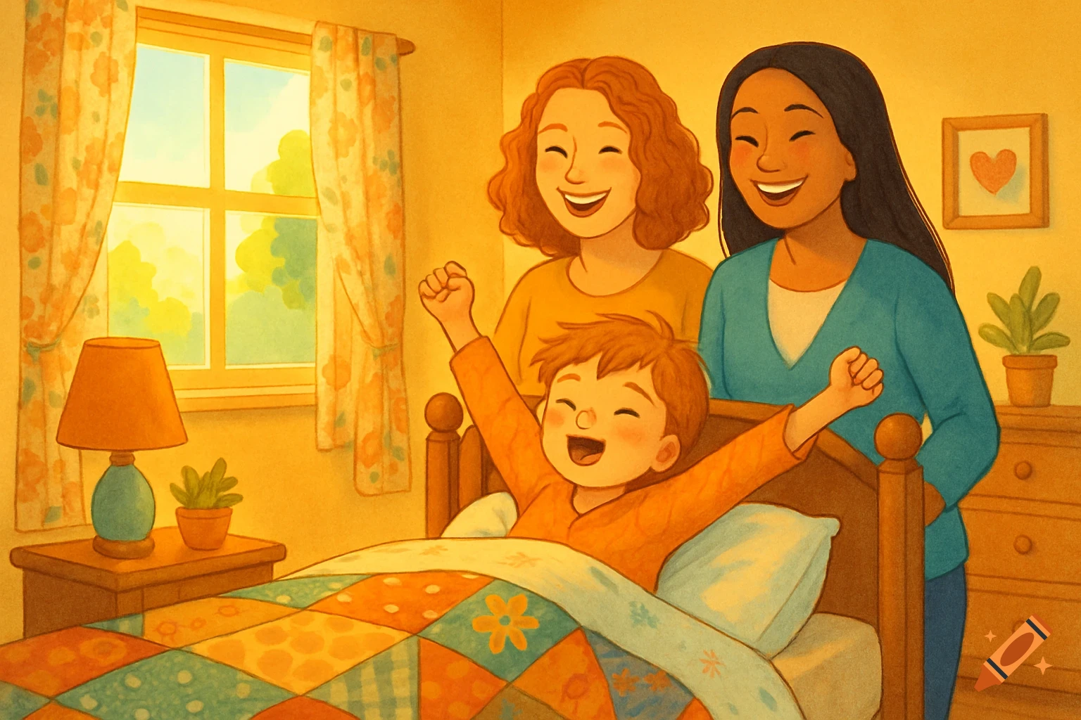 A happy child stretches in bed as two smiling mothers stand over them in a brightly lit bedroom, children's illustration style.