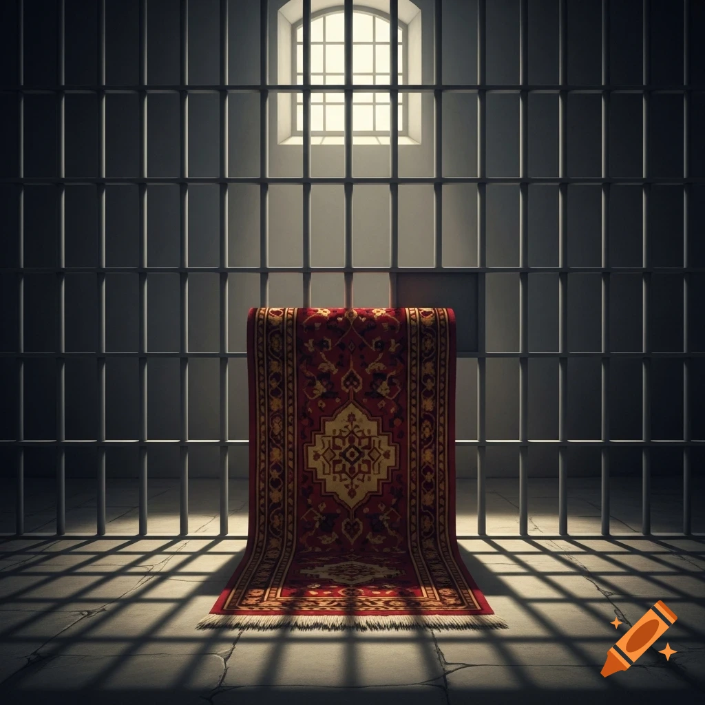 A red patterned rug stands rolled up in a dark prison cell with light streaming through a barred window.