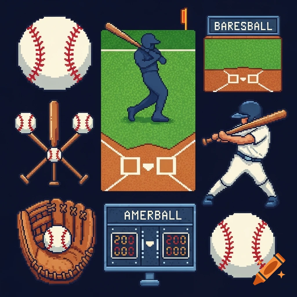 A collection of pixel art baseball-themed icons on a dark blue background, including baseballs, bats, a glove, a field, batters, and a scoreboard.
