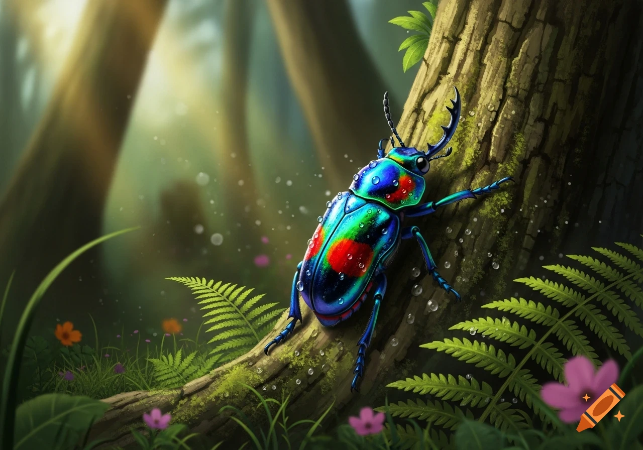 A vibrant, iridescent beetle with blue, green, and red markings climbs a mossy tree trunk in a lush forest with sunlight filtering through.