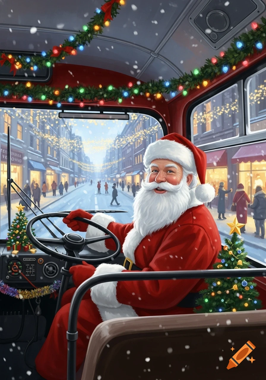 Santa Claus drives a festive bus down a snowy, decorated city street at Christmas.