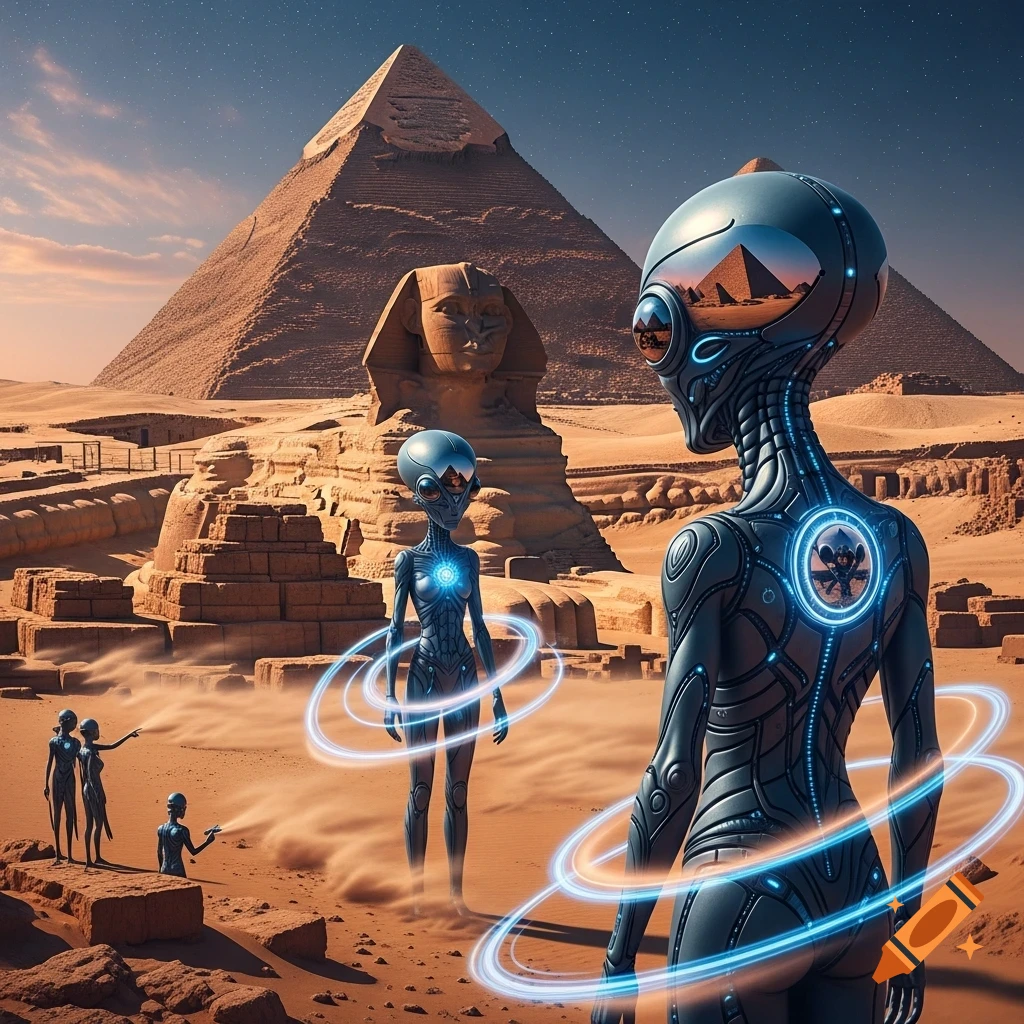 Metallic aliens with glowing blue rings stand in a desert before the Great Sphinx and pyramids under a starry sky.