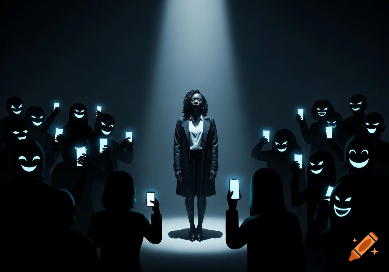 A Black woman stands alone in a spotlight, surrounded by shadowy figures holding glowing phones with exaggerated smiling and disgusted faces.