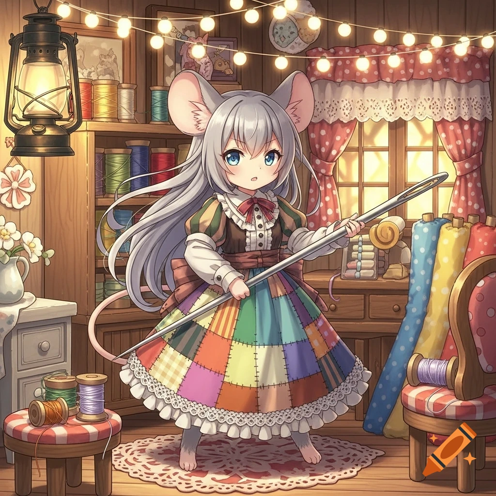 An anime mouse girl in a colorful patchwork dress holds a giant sewing needle in a cozy, lamp-lit sewing room.