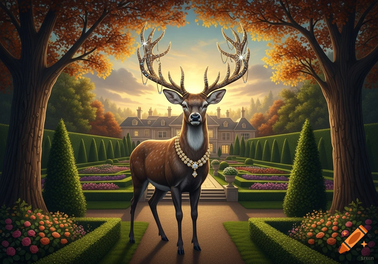 A regal deer with sparkling, jewel-adorned antlers and a diamond necklace stands in a lush, formal garden before a mansion at sunset.