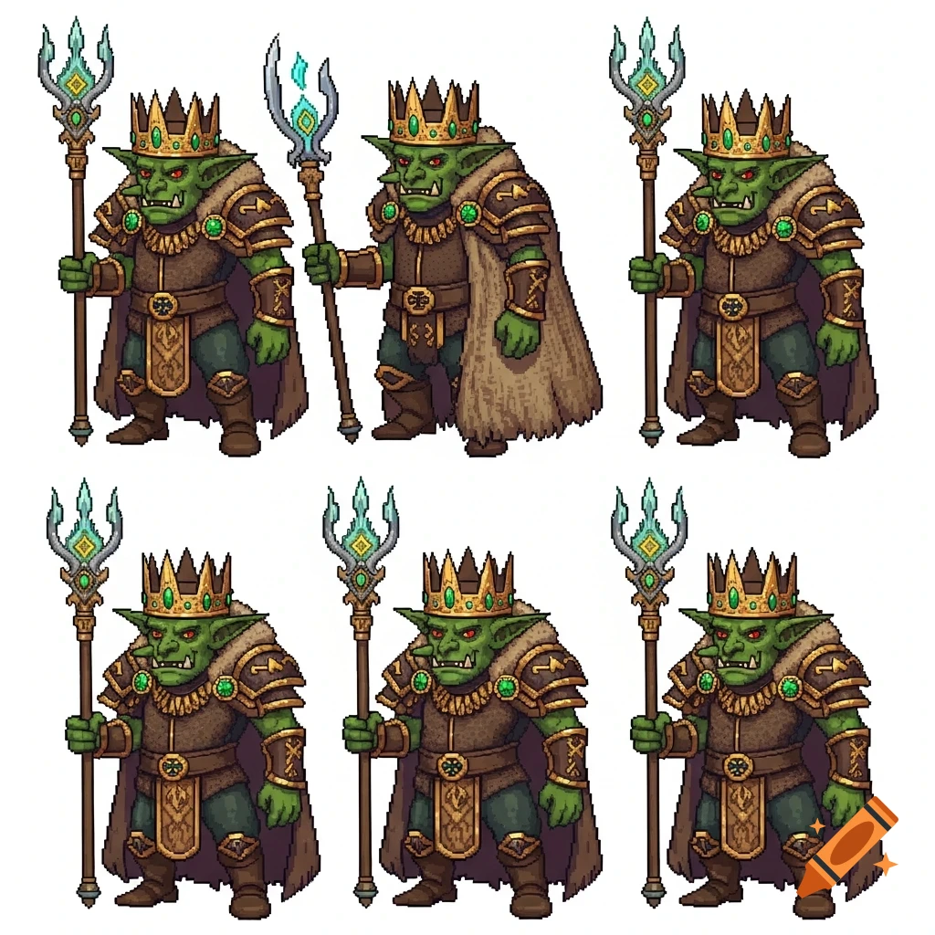 Six pixel art goblin kings, armored and crowned, holding staffs, on a white background.