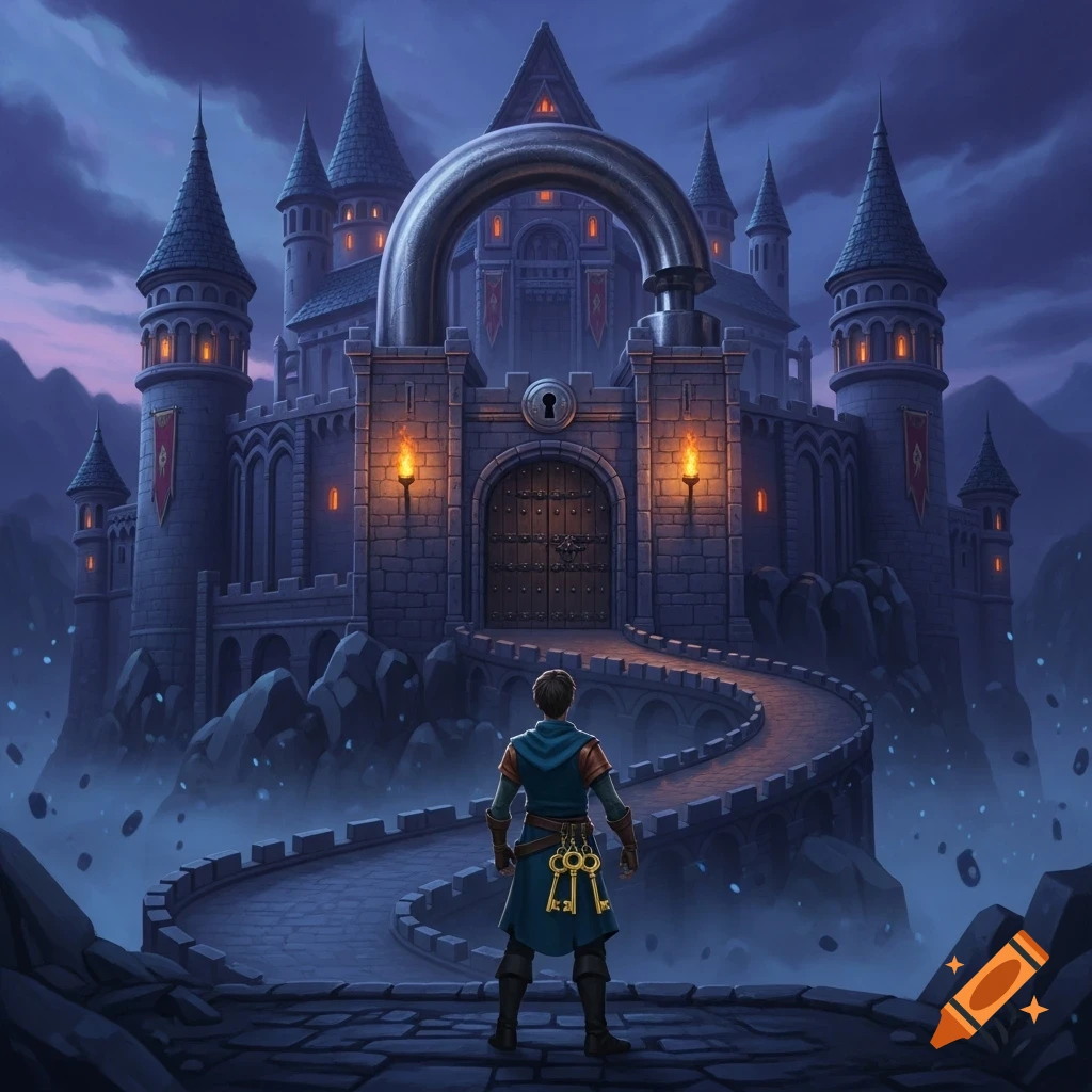 A person holding golden keys stands on a winding path before a large, padlocked fantasy castle under a twilight sky.
