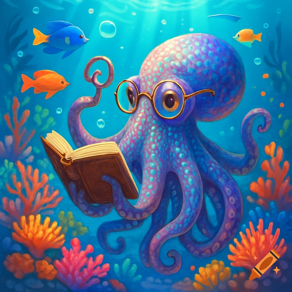 A vibrant cartoon octopus wearing glasses, reading an open book amidst colorful coral and fish in the clear blue ocean.