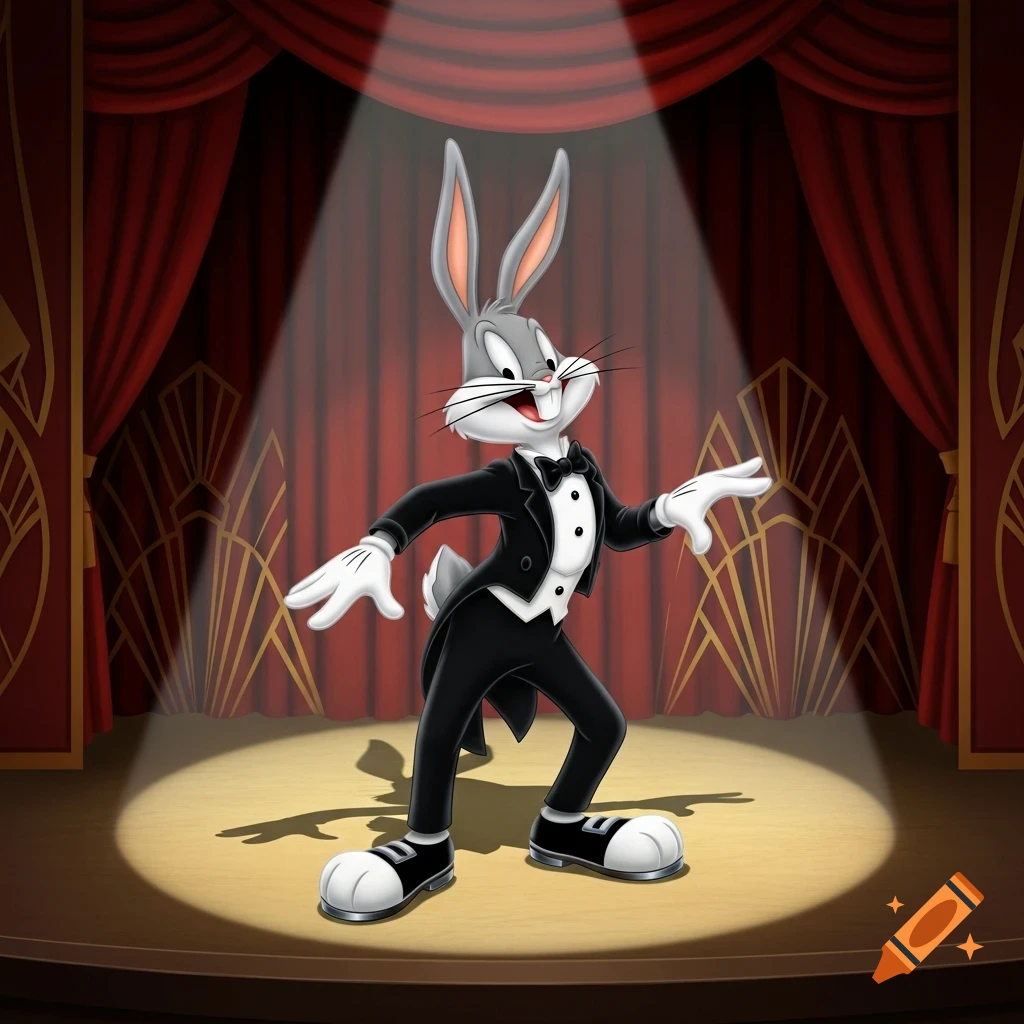 Bugs Bunny in a black tuxedo and white gloves stands on a circular stage under a spotlight, in front of red curtains.