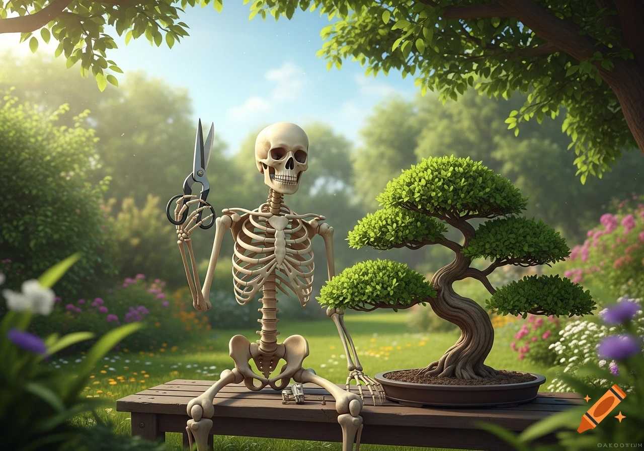 A skeleton sits on a wooden bench in a vibrant garden, holding pruning shears next to a small bonsai tree.