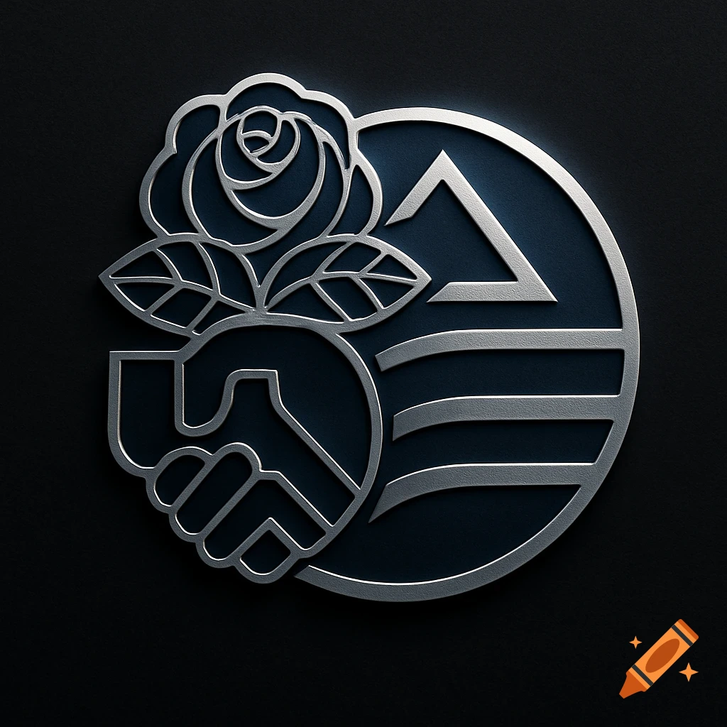 Metallic logo featuring a handshake, a blooming rose with leaves, a triangle, and three wavy lines on a dark background.