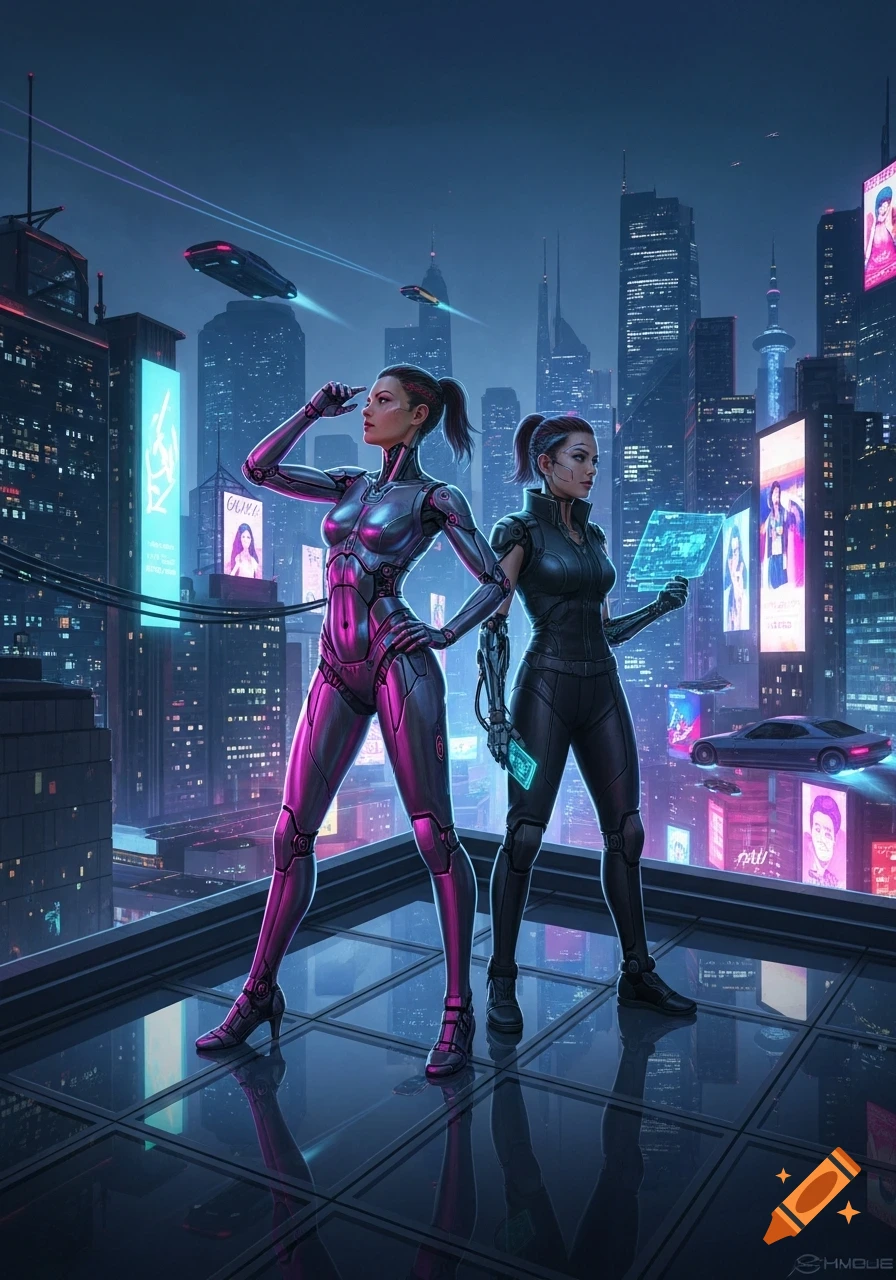 Two cybernetic women stand on a reflective rooftop overlooking a neon-lit futuristic city at night, with flying cars in the background.