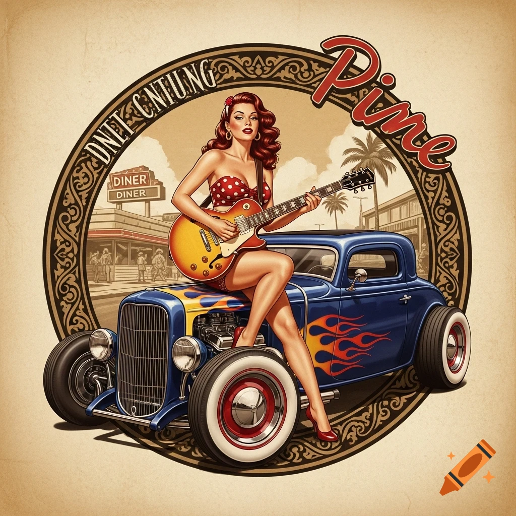 Vintage illustration of a pin-up woman with red hair in a polka dot bikini, playing a guitar on a blue hot rod with flame decals.